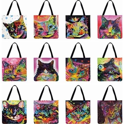 Women Shoulder Bag Abstract Neon Cat Printing Casual Tote Linen Febric Tote Bag Foldable Shopping Bag Reusable Beach Bags