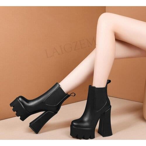 LAIGZEM Women Ankle Boots REAL LEATHER/Suede Chunky Block High Heels Boots Height Increasing Dress Shoes Woman Size 37 38 39