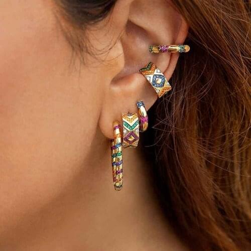 Find Me 2020 new Alloy ear clips earrings for Women Geometric Fashion Multi-layer color Crystal Mosaic Round Small Clip Earring