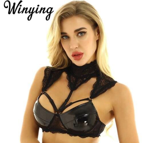Womens Halter Black Patent Leather Sheer Lace Splice Wire-free Unlined Bra Crop Top Nightclub Party Punk Gothic Rave Sexy Tops
