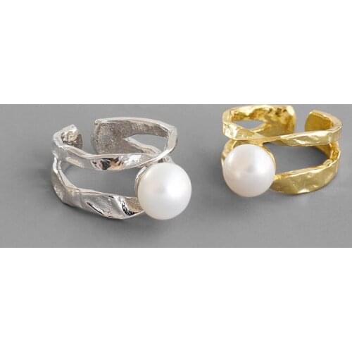 Real 925 sterling silver irregular double layer line rings for women aneis feminino, simulated pearl ring wedding bague jewelry