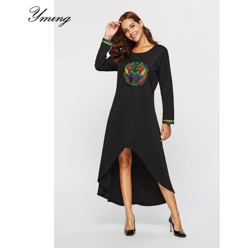 YMING Womens Spring And Sutumn Season Embroidered Stitching Irregular Dresses Simple Fashion Dresses Loose Round Neck Vestidos