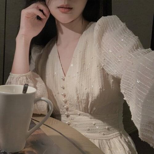 Women Fall Puff Sleeve V-neck Chiffon Fairy Dress Vintage Retro Dress Temperament Soild Color Beading High Waist Apricot Dresses