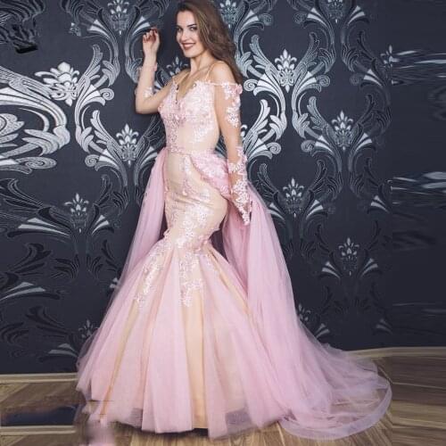 Sweet Pink 3D Flower Lace Mermaid Prom Dresses With Detachable Train Long Sleeves Evening Gowns Vestido Longo Abendkleider
