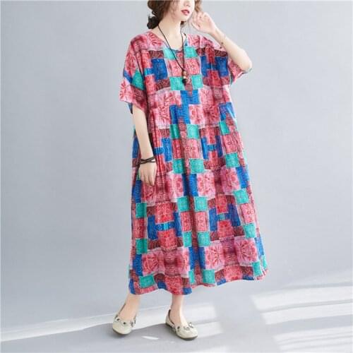 Summer Dress 2021 New Arrival Short Sleeve Loose Summer Dress Soft Cotton Linen Print Floral Vintage Women Travel Casual Dress