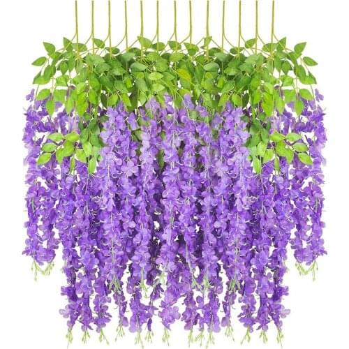 12 Pieces Artificial Silk Wisteria Flower Hanging Silk Vine Rattan Fake Bush Flower for Home Party Wedding Garden Outdoor Greene
