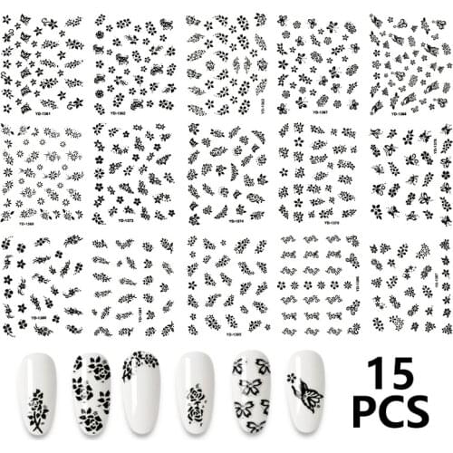 15Pcs/Set Nail Stickers Black Nature Manicure Flower Butterfly Graphics for Nails Nail Art Decoration Tips