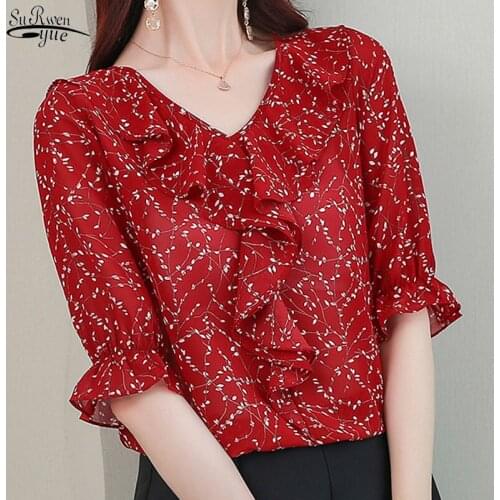 2021 Summer New Fashion Floral Short Sleeve Chiffon Shirt Women Summer Tops and Blouse Elegant Ruffle Tops Chemisier Femme 9921