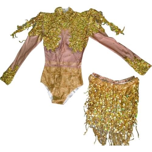 Sparkly Rhinestones Club Singer Show Stage Wear Women Sequins Tassel Nude Color Birthday Party Dance Bodysuit Outfits