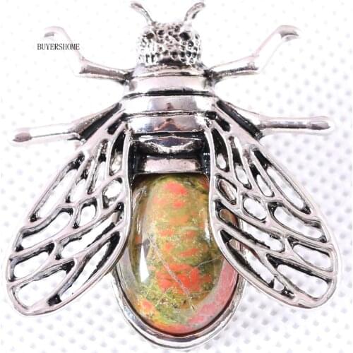 37x37MM Cicada Brooch Natural Stone Unakite Epidote Bead Pendant For Men Women Jewelry Gift 1Pcs K629