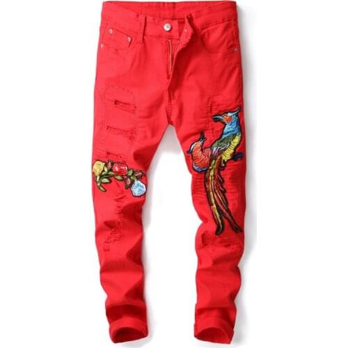 Men Hip Hop Bird Embroidery Red Slim Fit Jeans Pants Fashion Streetwear Mens Cotton Ripped Patch Hole Elastic Denim Trousers