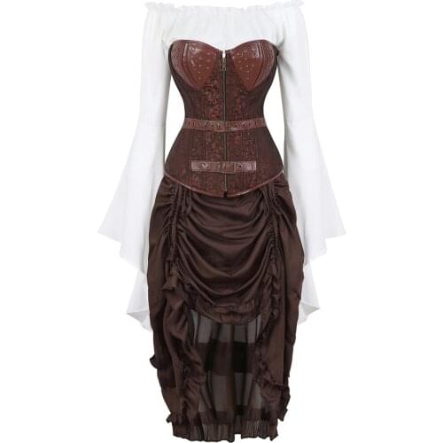 Corset Bustiers Plus with Pirate Skirt and Blouse Jacquard Corselet Bodyshaper 3 Piece Costumes Steampunk Carnival Dance Party
