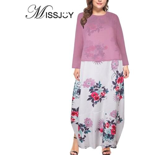 MISSJOY 2020 Spring O-Neck Long Sleeves Women Dresses Patchwork Printed Plus Size 4XL Loose Casual Ankle-Length Female Clothing