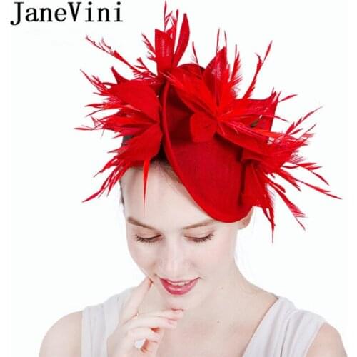 JaneVini Fashion Women Fascinator Hat Bridal Feathers Flower Red Yellow Party Evening Hats With Hair Pin Wedding Hat for Women