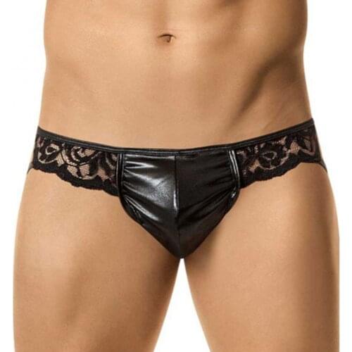 Gay Men Underwear Faux Leather Lace Patchwork Briefs Wetlook Clubwear Erotic Open Crotch Men Leather Lingerie Briefs Underwear