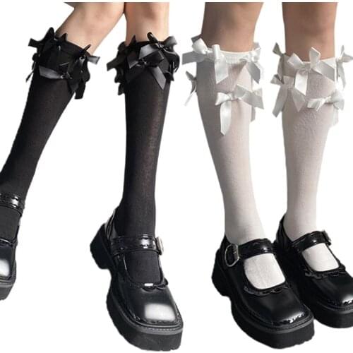 Women Girls Lolita Elegant Knee High Socks Japanese College Style Kawaii Student Sweet Multi Satin Bowknot Black White Long