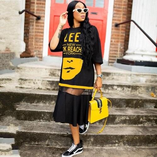 Hip Hop T-shirt Dress Women Harajuku Rock Long Tee New Half Sleeve Loose Tops Dance Colour Block Streetwear Straight Loose Dress