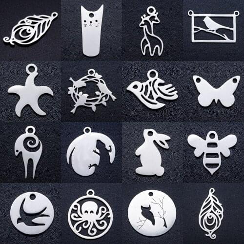 10pcs/lot Animal Fox Swallow DIY Charms Wholesale 100% Stainless Steel Peacock Feather Rabbit Pendant Bee Ram Owl on Tree Charm