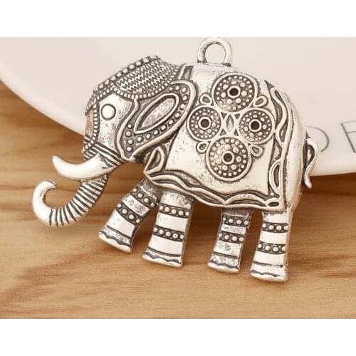 2 Pieces Tibetan Silver Large Lucky Elephant Animal Charms Pendants for Necklace Jewellery Making Accessories 48x58mm
