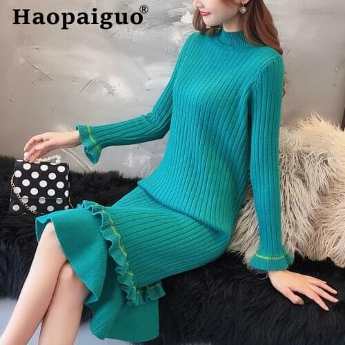 Cake Style Solid Casual Long Sleeve Dress for Women Flare Sleeve Loose Good Elastic Midi Dress Women Wrap Elegant Dresses Ladies