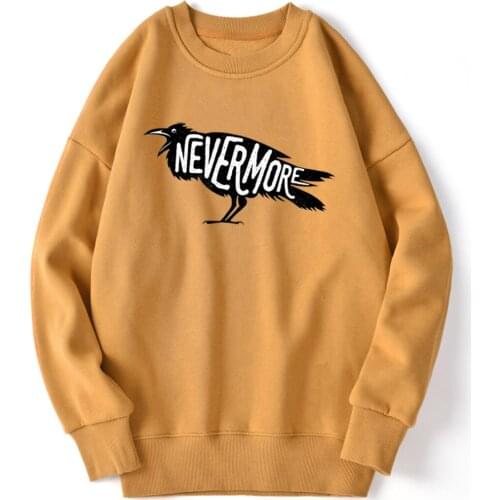 Never More Bird Print Drop shoulders Sweatshirt For Mens Long Sleeve Fashion Clothing Autumn Winter Tops Round Neck Casual Homme