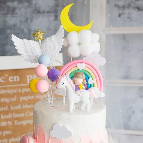 Unicorn Girl Cake Decoration Baby Shower Rainbow Moon Cake Topper Pink Blue Unicorn Birthday Party Decorations Kids Favors