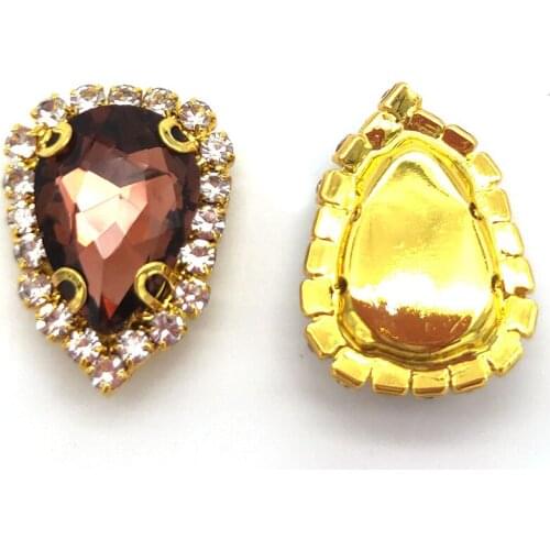 10/Pcs Wine Red AAA+ Glass Crystal Teardrop Flatback Crystal Button, Gold Bottom Sew On Rhinestones For DIY Clothing Decoration