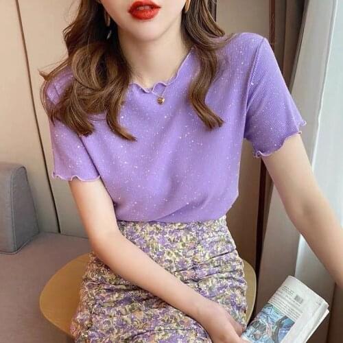 2021 Summer Bling Korean Ice Silk Women T Shirt Casual Knitted Pullover Short Sleeve Solid Color Round Neck Top T-shirt Y295