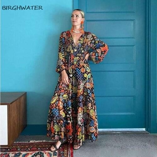 Women Dress V-neck Lantern Sleeve Printing Dresses Women Plus Size Long Sleeve Vintage Long Flowers Dress Womens 2021