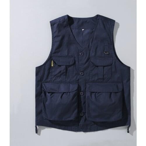 87001 Autumn Winter Men Retro Vest Multi-Function Pocket Fashion Urban Chic Loose High Quality Outwear Blue Sleeveless Waistcoat