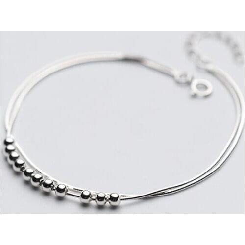 1pc 100% Real. 925 Sterling Silver Fine Jewelry Double rows round lucky bead Chain Bracelet LS659