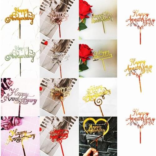 1PC Happy Anniversary Acrylic Cake Topper For Wedding Engagement Rose Gold Black Glitter Cupcake Topper Cake Decoration Supplies
