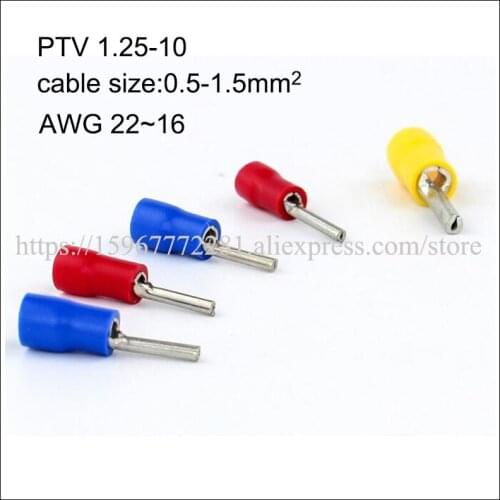 1000PCS PTV1.25 -10/9/12/13 pin-shaped pre-insulated bare end cold-pressed terminal copper AWG22-16 cable 0.5-1.5mm2 Imax 19A