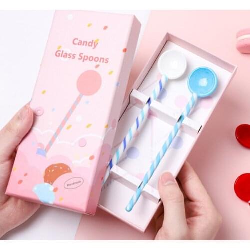 2Pcs Glass Spoons Candy Shape Heat-resistant Glass Crystal Children Long Spoons for Daily Life Colorful glass stirring rod