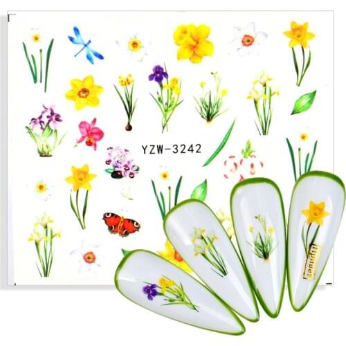 3D Nail Tattoos Sticker Watermark Flower Tropical Leaf Plant Hyacinth Daffodil Chrysanthemum Water Transfer Nail Art Decor Decal