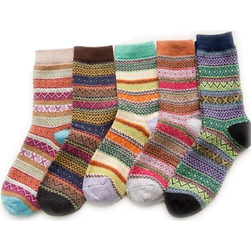 5 Pairs Ladies Women Autumn Winter Thickened Warmth Wool Warm Knit Striped Flower Socks