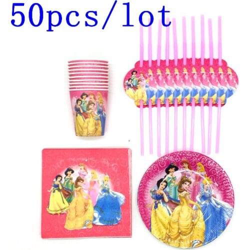 50Pcs/Lot Disney Six Princess Theme Design Cinderella Paper Tableware Straws Children Birthday Party Decoration Wedding Supplies