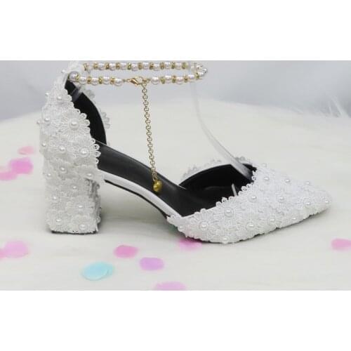 BaoYaFang White Blue Fashion Bandage Pearl Wedding Shoes Bridal Pointed Toe High Heels Party Dress Shoe Cover