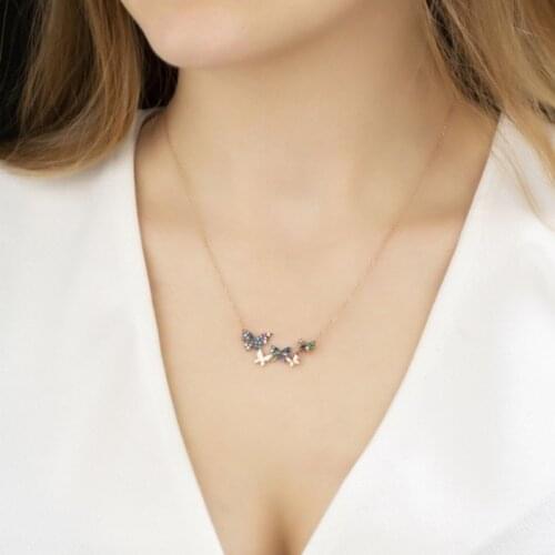 925 Sterling Silver Necklace Jewelry Chain Around Neck Colors Stone Silver Butterfly Model Rose Plated Silver Pendant