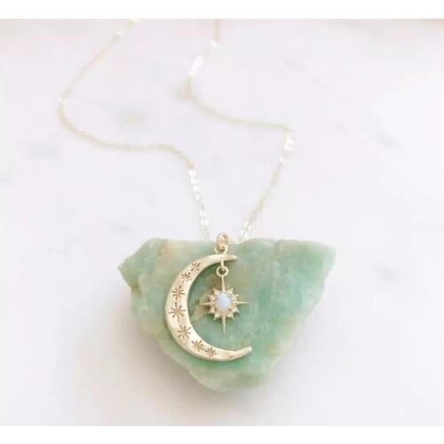 Crescent Moon Star Opal Necklace Charm Chain Pendant Necklaces for Women Female Wedding Party Statement Necklace Boho Jewelry