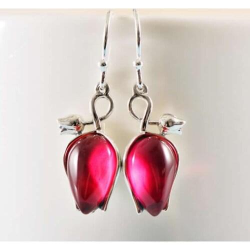 Pure S925 Silver Earrings Red Crystal Flower Dangle Earrings For Women Vintage Earrings