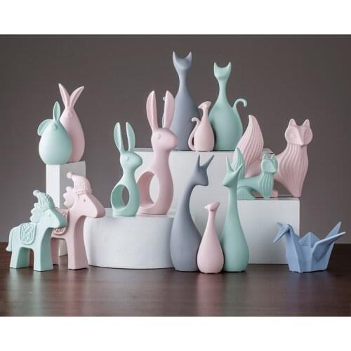 Nordic Pink Green Ceramic Deer Rabbit Figurines Home Decoration Crafts Livingroom Desktop Animal Ornaments Modern Wedding Gift