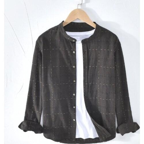 Cotton Linen Men Shirt Plaid Long Sleeve Casual Slim Mandarin Collar Quality Mens Business Cotton Dress Shirts Camisas TS-634