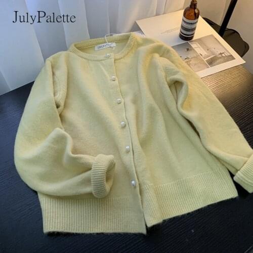 JulyPalette 2021 Autumn Pearl Button Knitted Cardigan for Women Casual O-neck Short Female Long Sleeve Knitwear Jacket Solid
