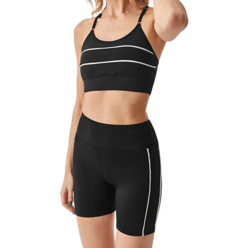 Fitness Suit Womens Yoga Set With Tight Shorts And Sports Bra Skinny Cut Top Short Leggings For Summer Workout Striped Gym-Wear