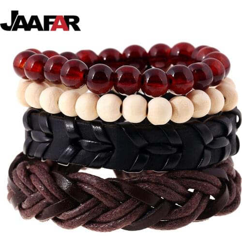 Punk 4pcs/set Multilayer Wrap Bracelet Evil Eye Charm Bracelet Beaded Braided leather Bracelet For Men Women pulsera cuero