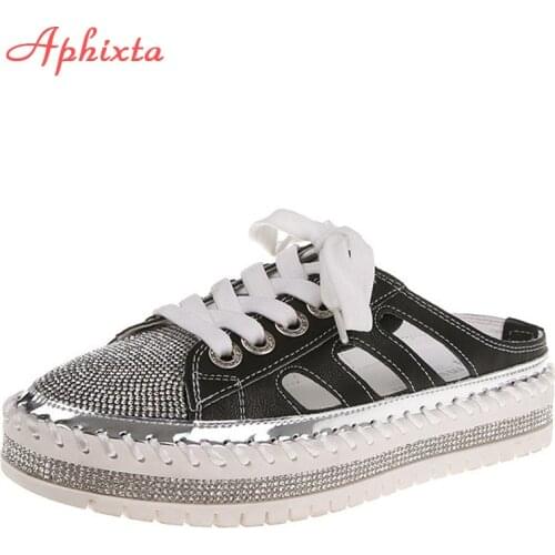 Aphixta Summer Crystals Flat Heels Mules Women Bling Rubber Flat Platform Bottom Lofers Shoes Lace-up Fashion Side Hollow Slides