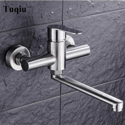 Wall mounted kitchen sink mixer long style rotate kitchen faucet stainless steel brushed hot & cold mixer water tap