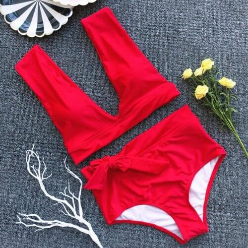 2019 New Solid High waist Bandage Set Sexy Deep V push up Padded Bra backless Swimming holiday Beachwear maillot de bain Biquini