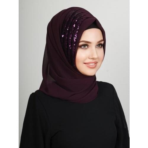 2021 New Fashion Hijab Sequined Ready Made Hijab Plum Color Scarf Long Muslim Shawl Plain Soft Tie Head Wraps For Women Wedding